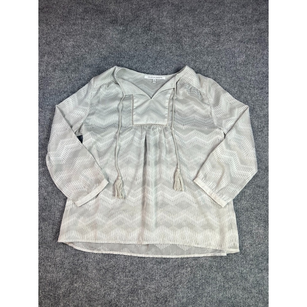 Collective Concepts Boho Tassel Tie Tunic Blouse M Clean Chevron Cottagecore
